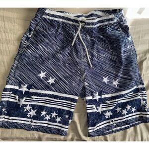 Men's Sz L Board Shorts Quick Dry Swimwear, Navy/White stars